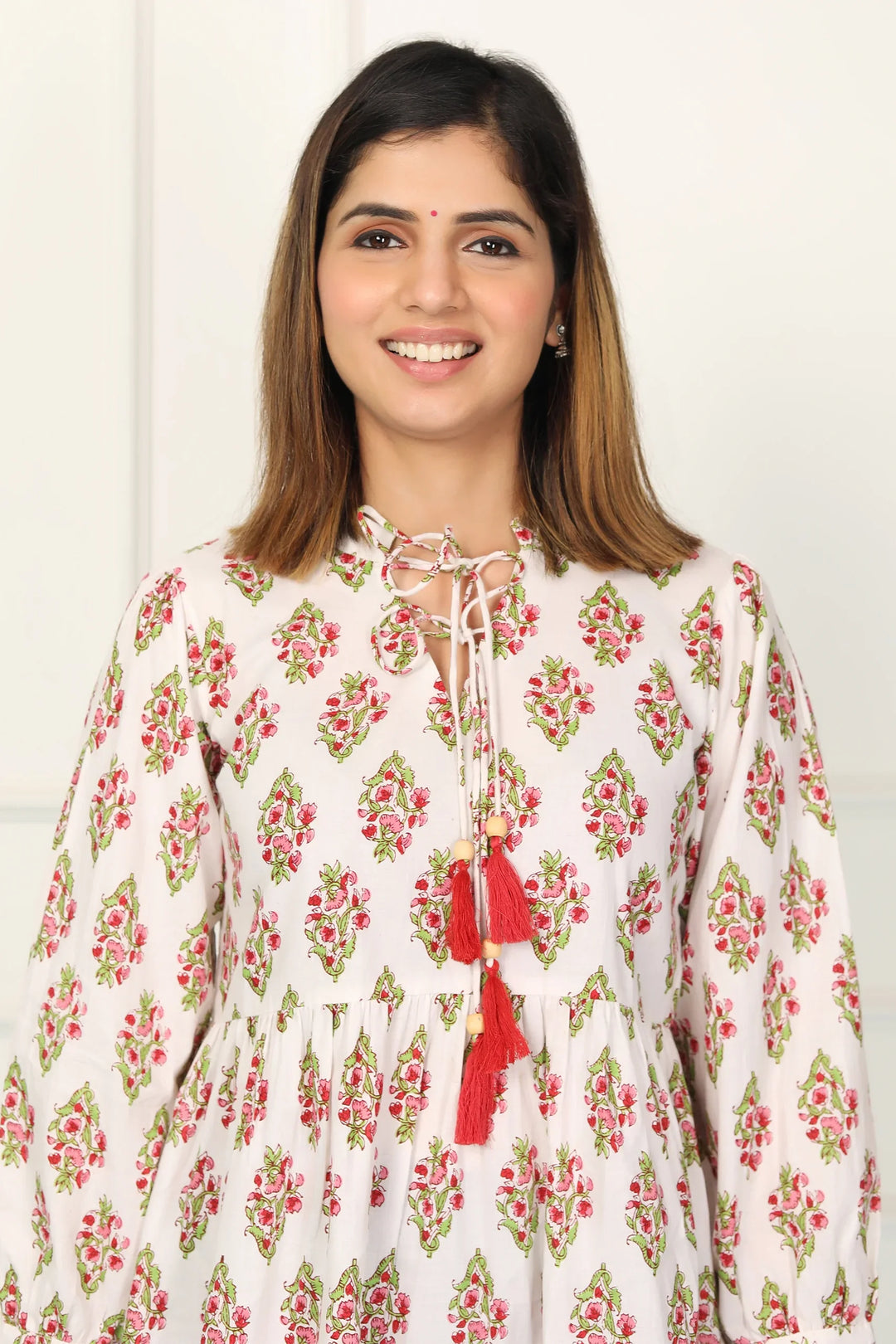 White and Red Block Printed Tunic with Matching Shirt Couple Set