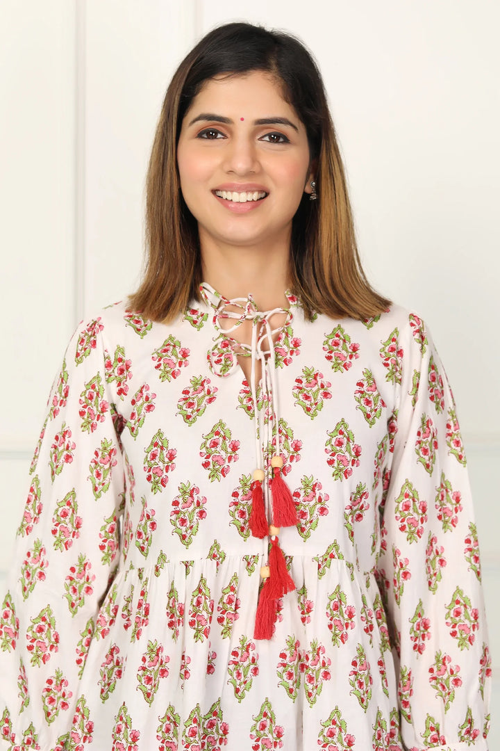 White and Red Block Printed Tunic with Matching Shirt Couple Set