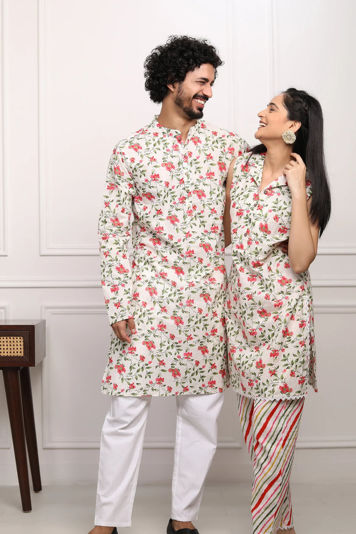 White and Multifloral  Collared  Suit With Matching Kurta Pyjama Couple Set