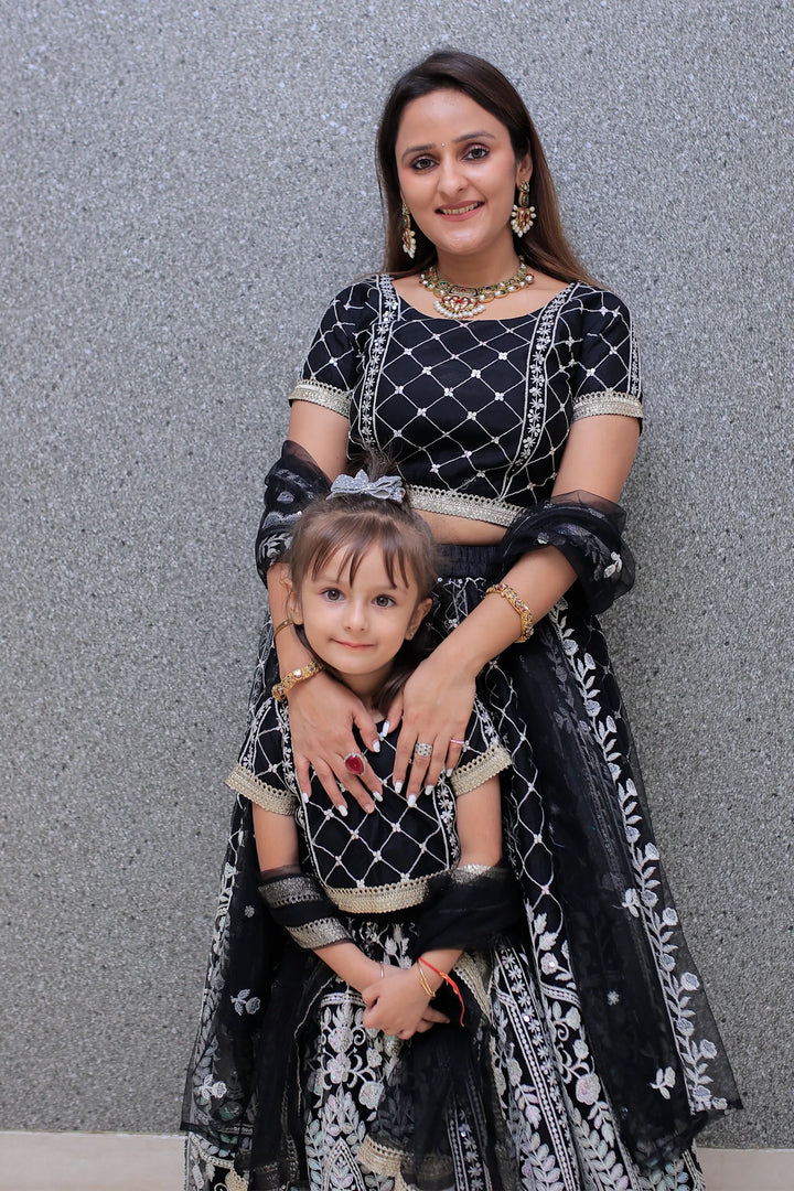 Elegant Black Lehenga Choli with White Sequins Mom and Daughter Twin Set