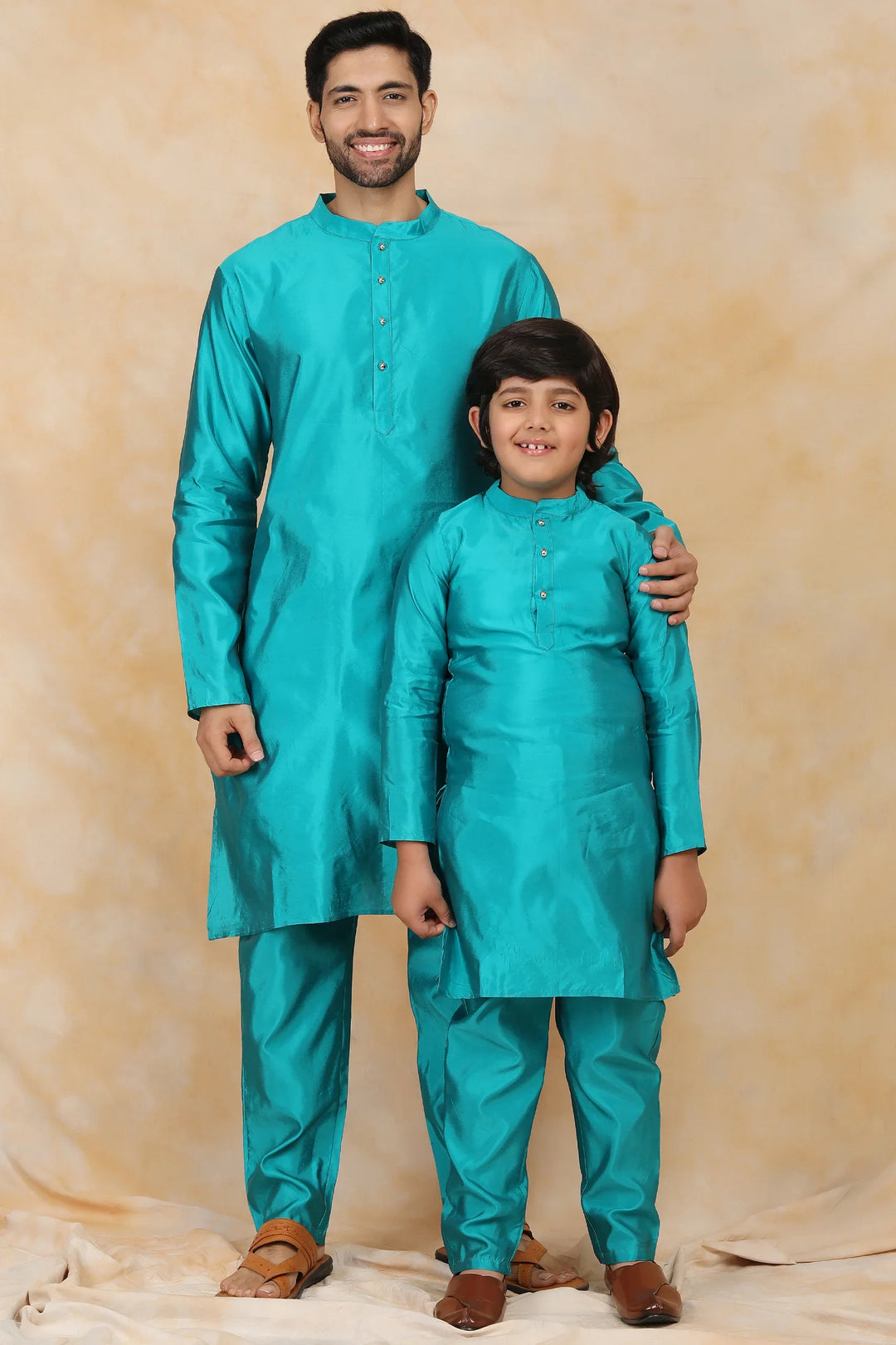 Exquisite Peacock Blue Ethnic Matching Kurta Pyjama Father & Son Twin Set