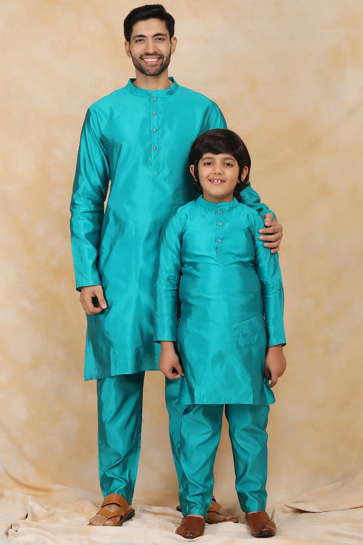 Exquisite Peacock Blue Ethnic Matching Kurta Pyjama Father & Son Twin Set