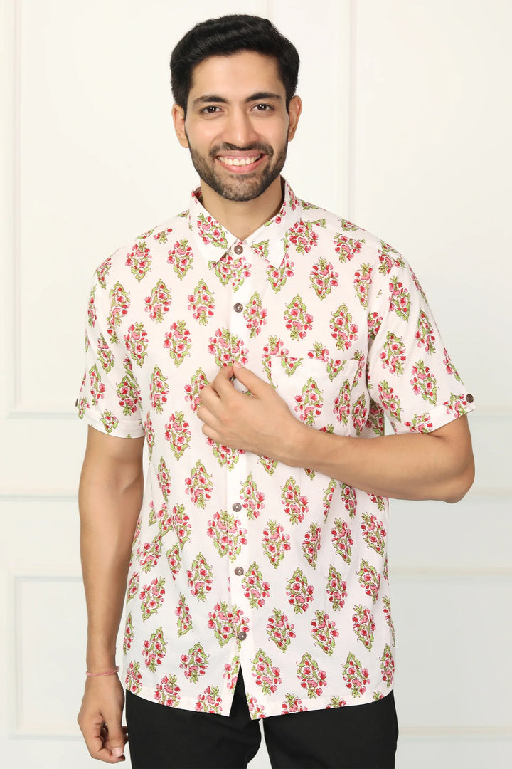 White and Red Block Printed Tunic with Matching Shirt Couple Set