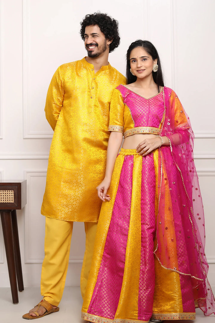 Fuchsia and Amber Brocade Lehenga Choli with Matching Kurta Pyjama Couple Set