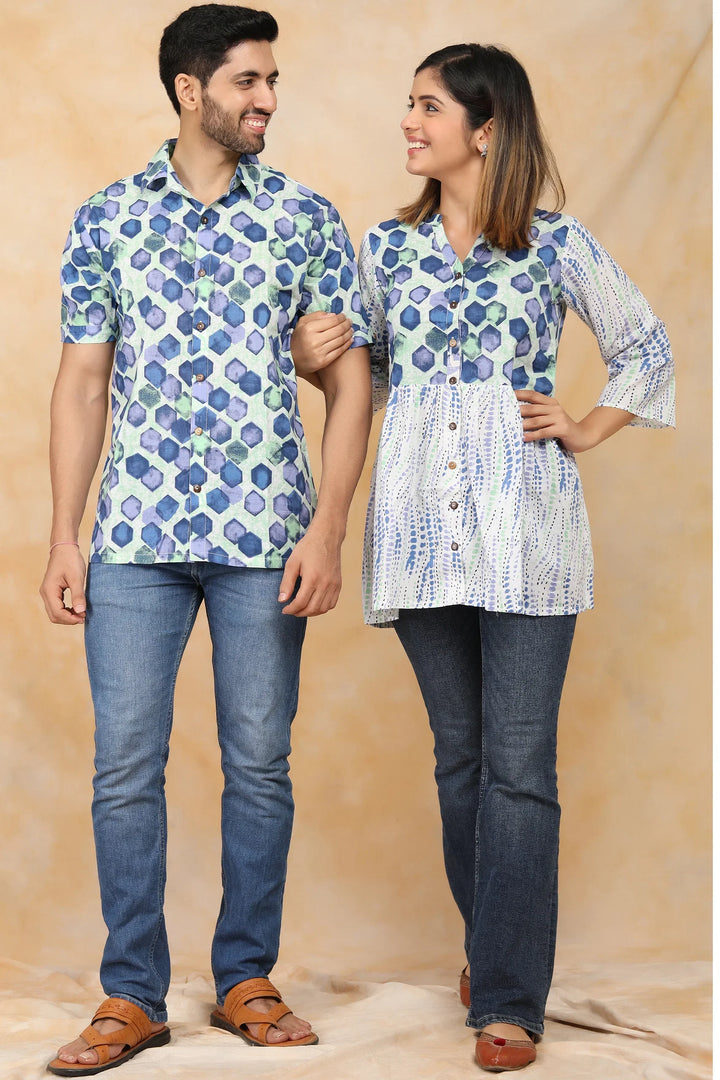 White and Blue Block printed Top with Matching Shirt Couple Twin Set