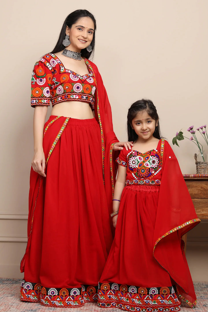 Exclusive Hand Embroidered Ethnic  Red Chaniya Choli Set with Matching Dupatta Mom and Daughter Twin Set