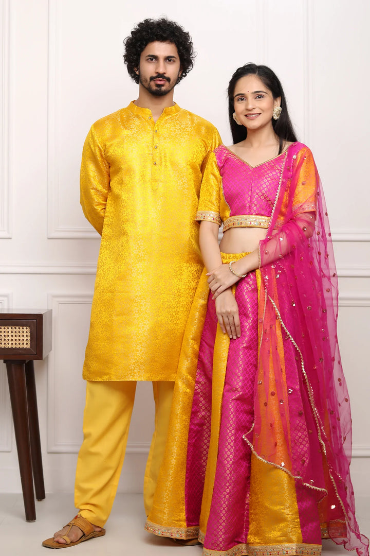 Fuchsia and Amber Brocade Lehenga Choli with Matching Kurta Pyjama Couple Set