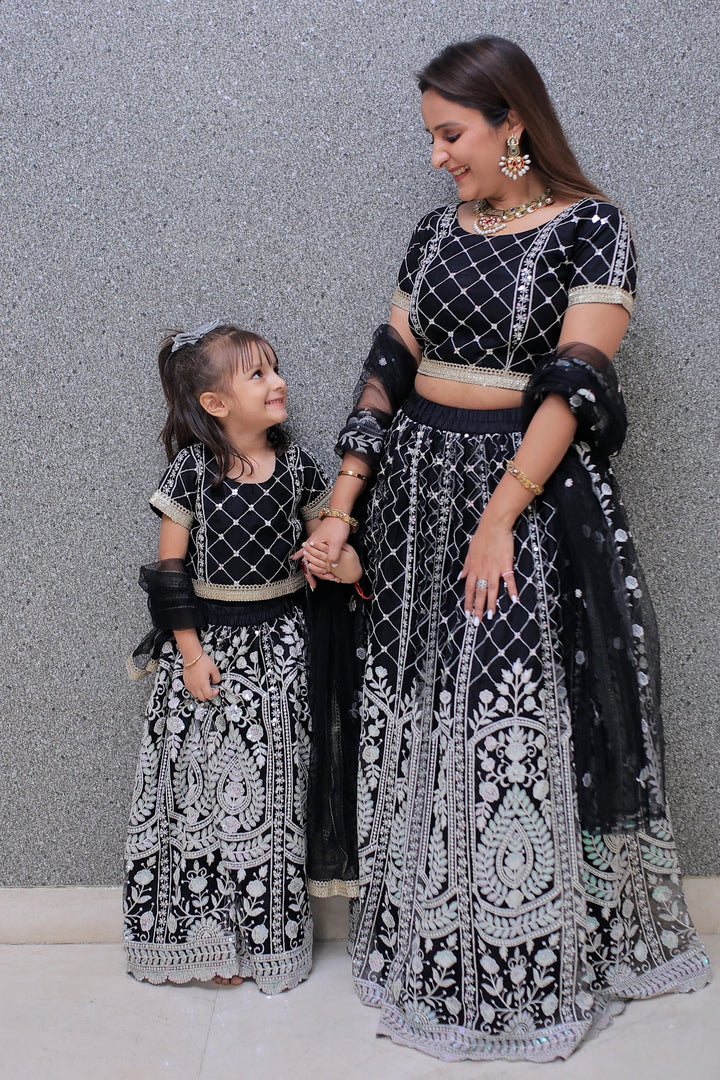 Elegant Black Lehenga Choli with White Sequins Mom and Daughter Twin Set