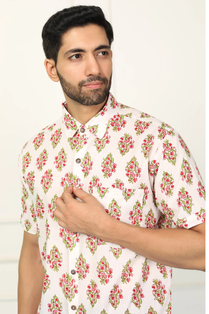 White and Red Block Printed Tunic with Matching Shirt Couple Set