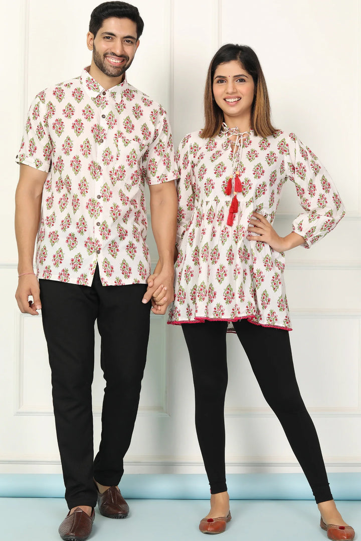 White and Red Block Printed Tunic with Matching Shirt Couple Set