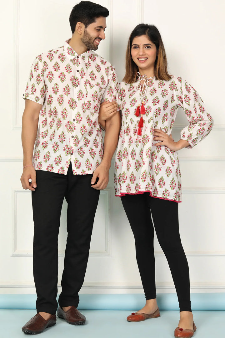 White and Red Block Printed Tunic with Matching Shirt Couple Set