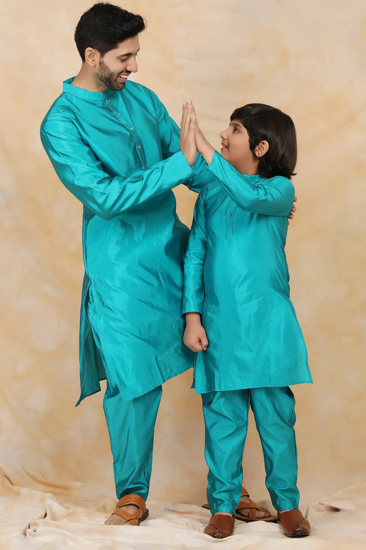 Exquisite Peacock Blue Ethnic Matching Kurta Pyjama Father & Son Twin Set