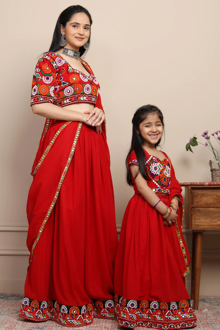Exclusive Hand Embroidered Ethnic  Red Chaniya Choli Set with Matching Dupatta Mom and Daughter Twin Set