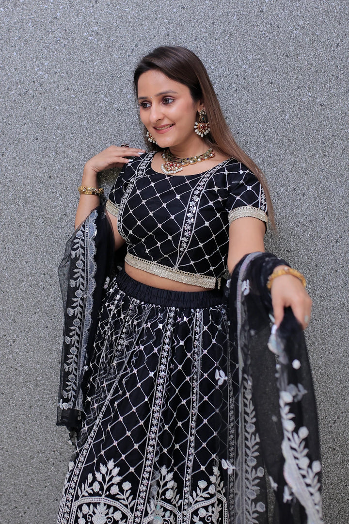 Elegant Black Lehenga Choli with White Sequins Mom and Daughter Twin Set
