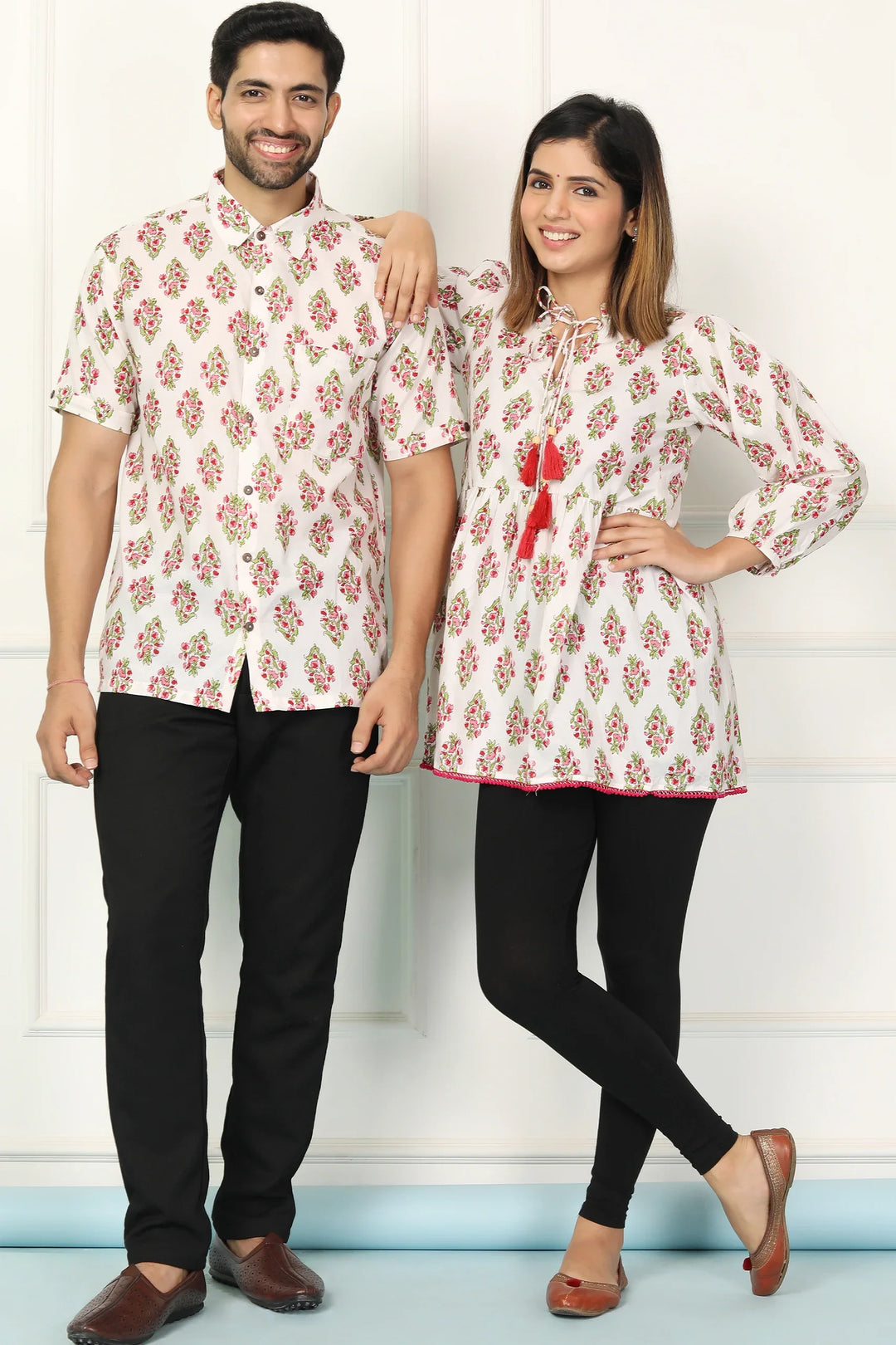 White and Red Block Printed Tunic with Matching Shirt Couple Set