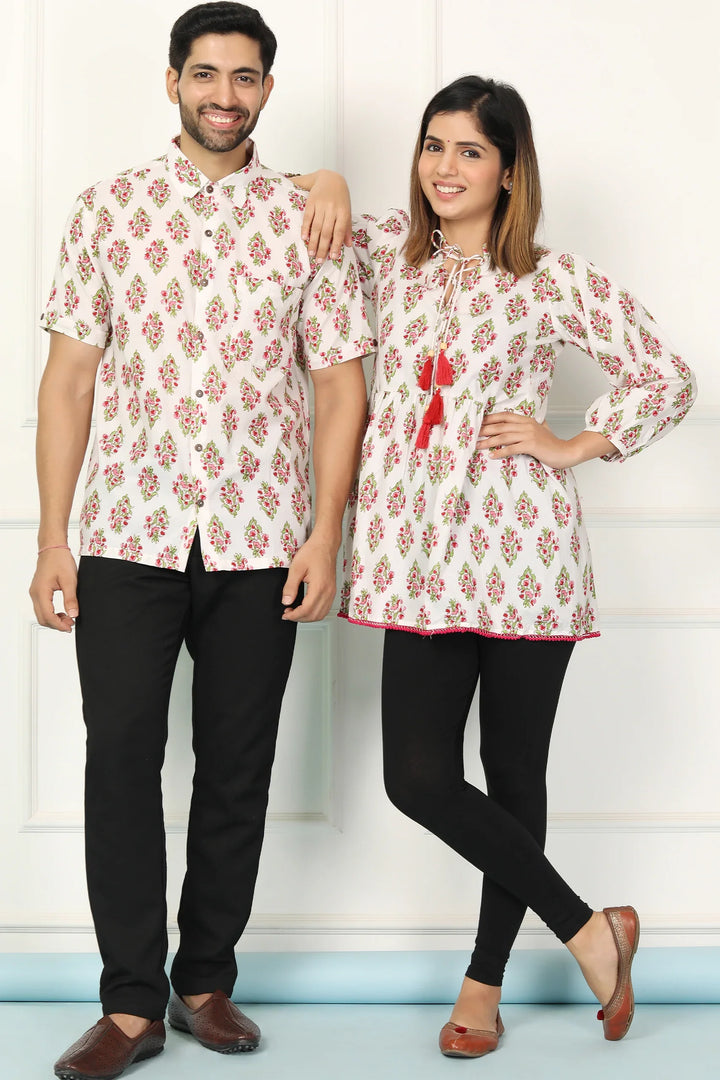 White and Red Block Printed Tunic with Matching Shirt Couple Set