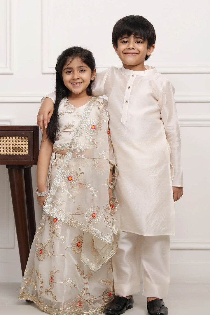 Sibling Style: Ivory Gota Patti Lehenga Choli with Matching Kurta Pyjama