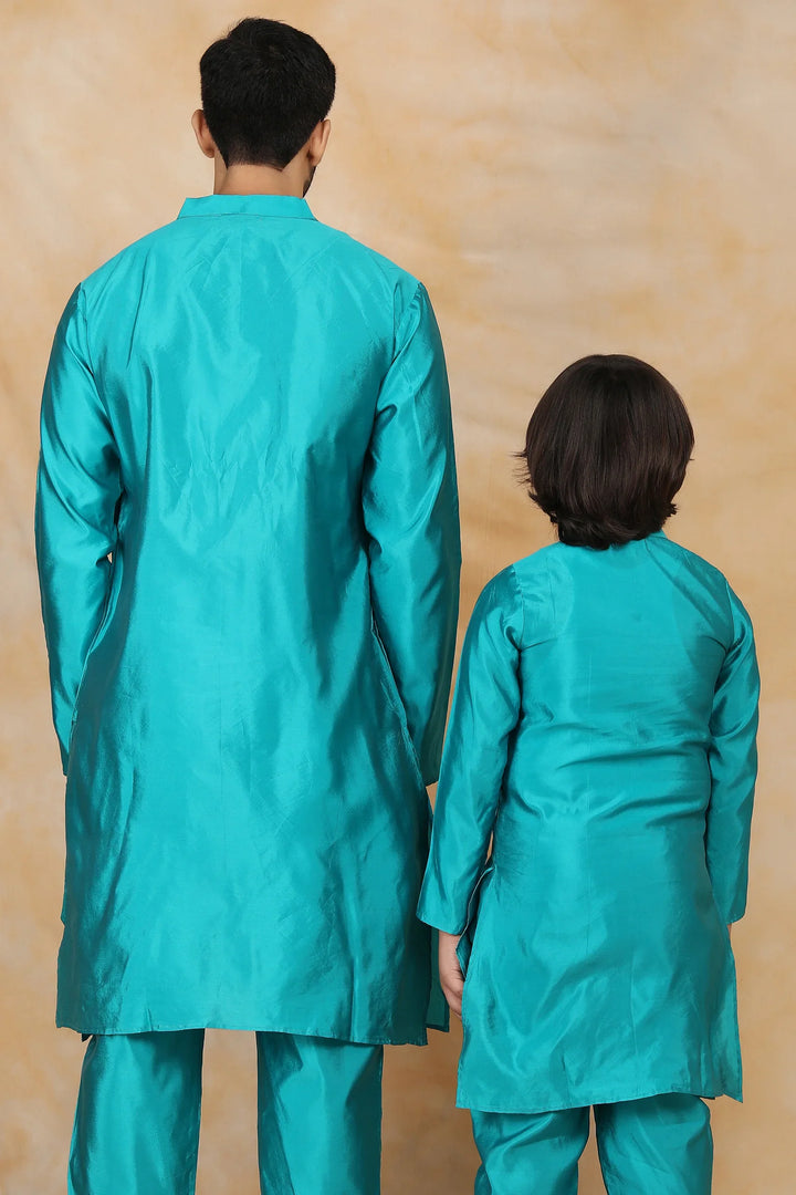 Exquisite Peacock Blue Ethnic Matching Kurta Pyjama Father & Son Twin Set