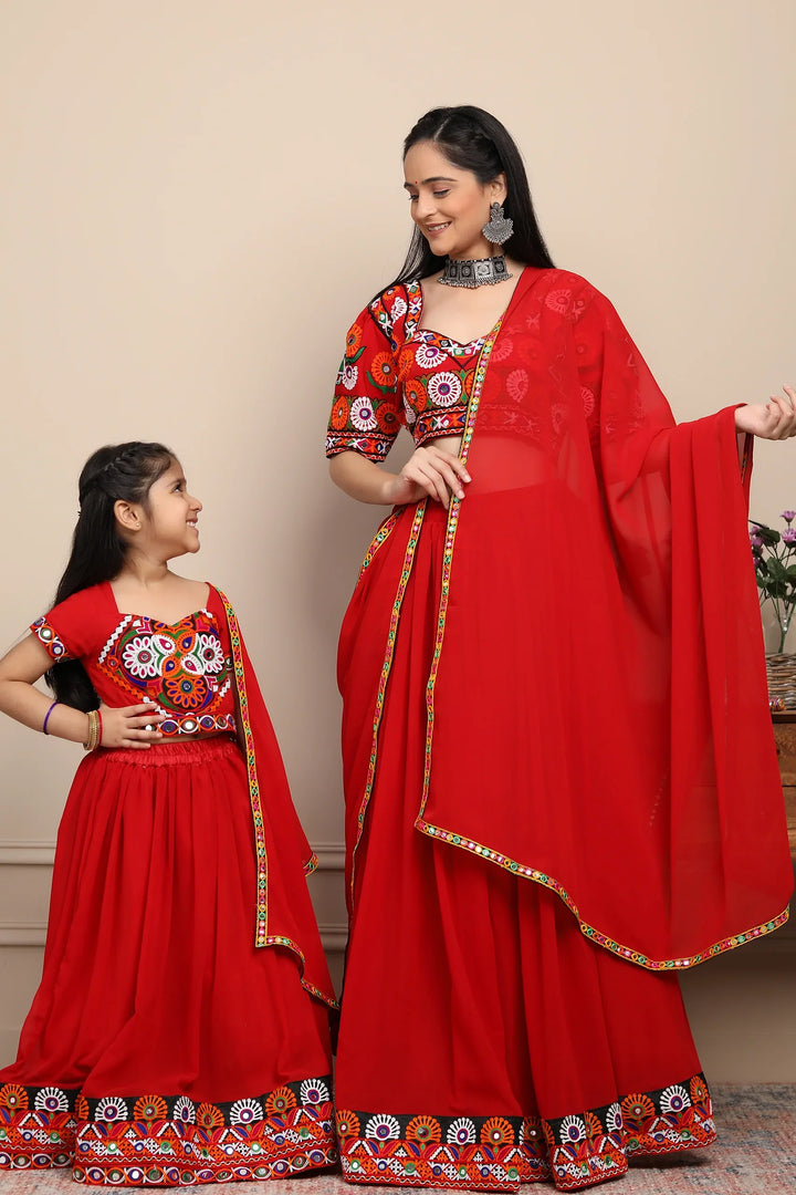 Exclusive Hand Embroidered Ethnic  Red Chaniya Choli Set with Matching Dupatta Mom and Daughter Twin Set