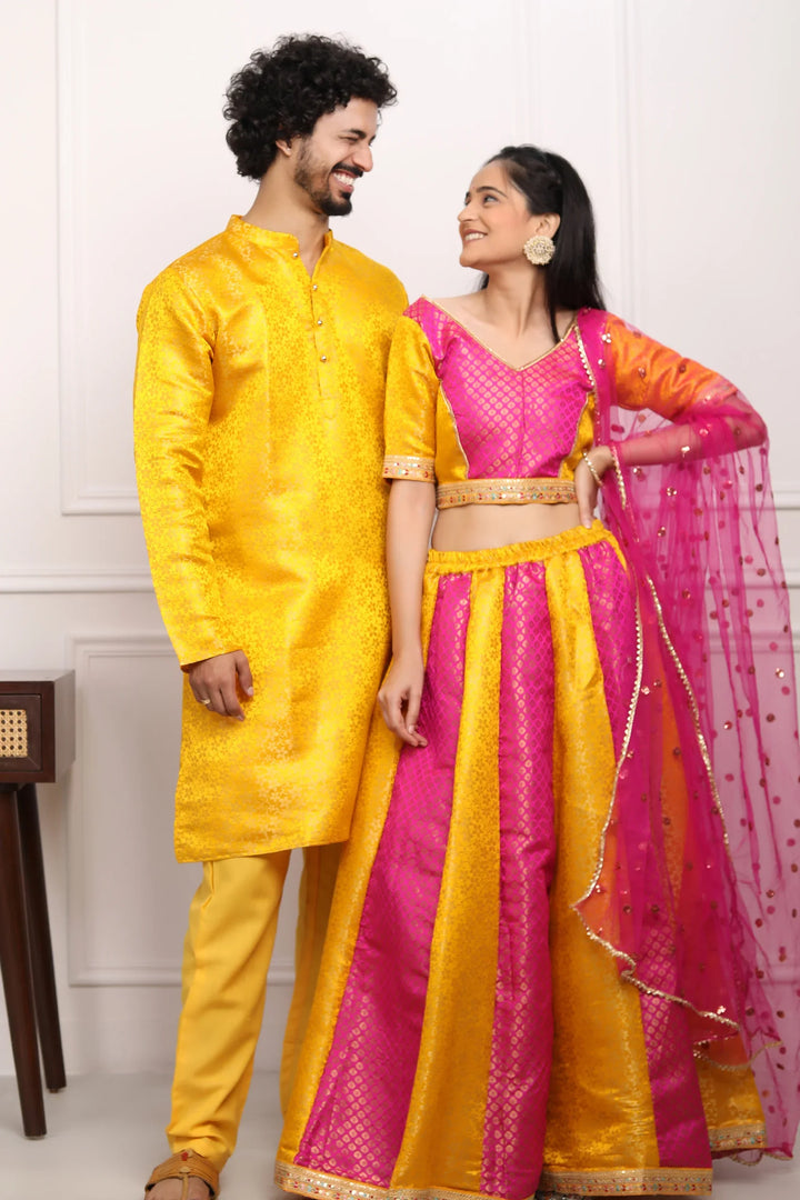 Fuchsia and Amber Brocade Lehenga Choli with Matching Kurta Pyjama Couple Set