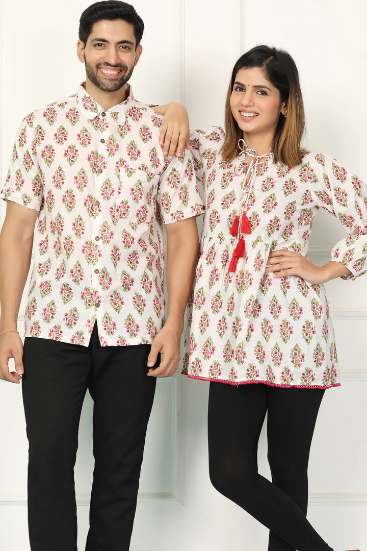 White and Red Block Printed Tunic with Matching Shirt Couple Set