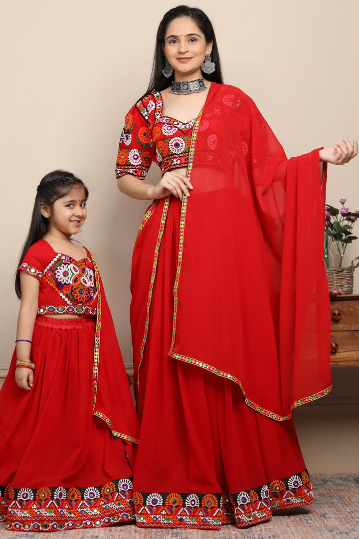 Exclusive Hand Embroidered Ethnic  Red Chaniya Choli Set with Matching Dupatta Mom and Daughter Twin Set