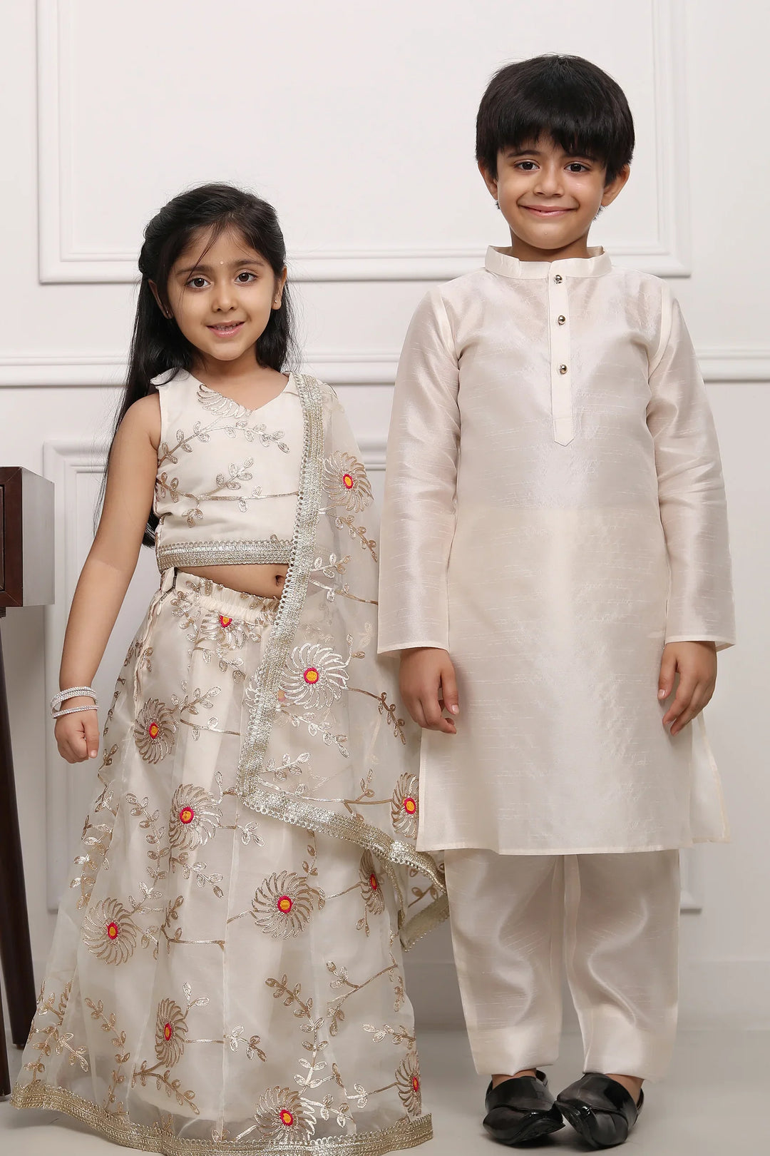 Sibling Style: Ivory Gota Patti Lehenga Choli with Matching Kurta Pyjama