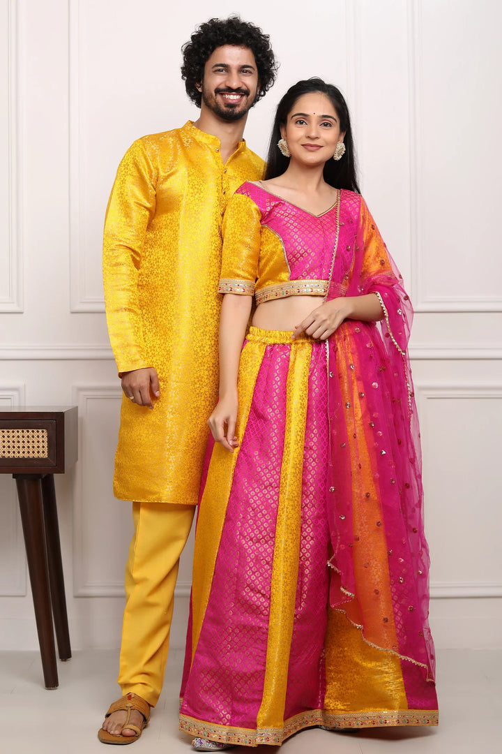 Fuchsia and Amber Brocade Lehenga Choli with Matching Kurta Pyjama Couple Set