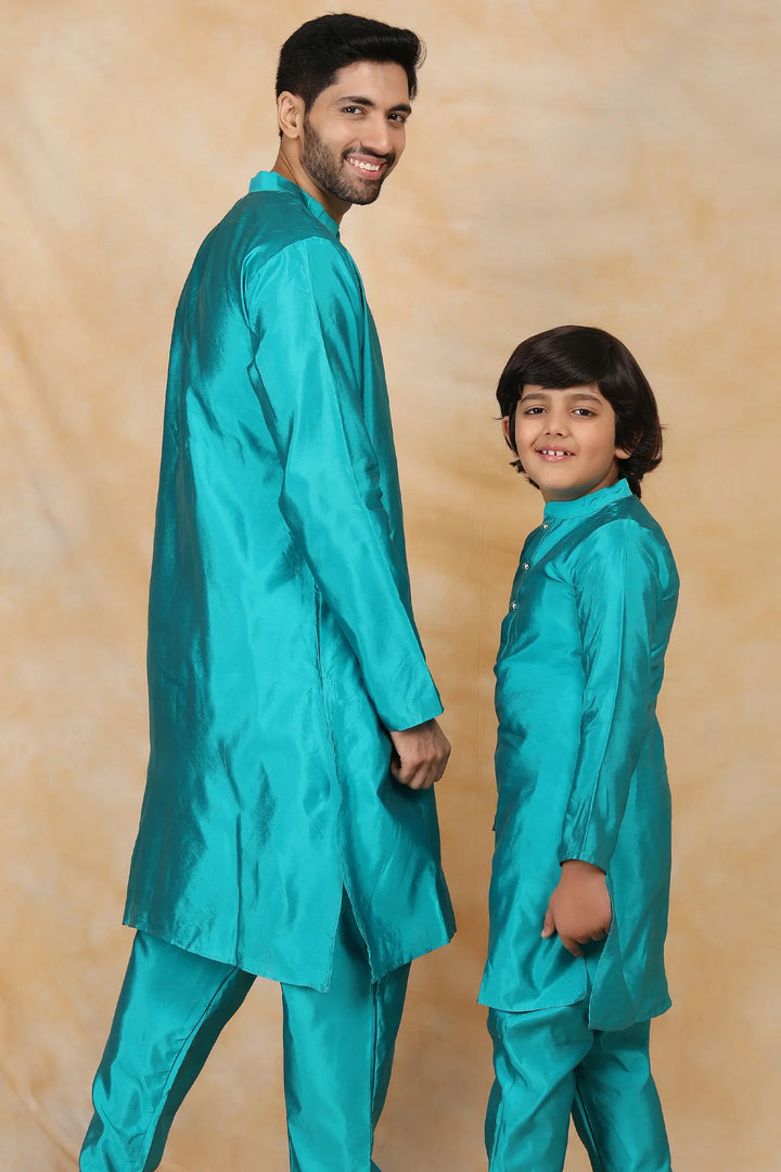 Exquisite Peacock Blue Ethnic Matching Kurta Pyjama Father & Son Twin Set