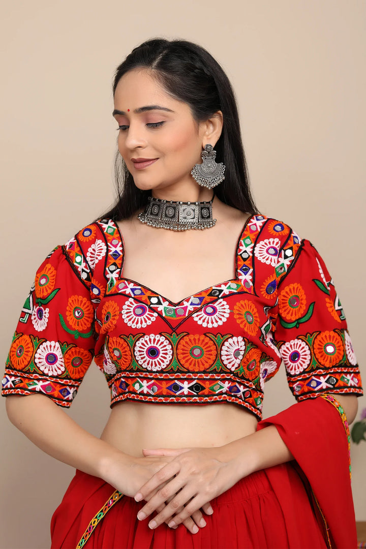 Exclusive Hand Embroidered Ethnic  Red Chaniya Choli Set with Matching Dupatta For Women