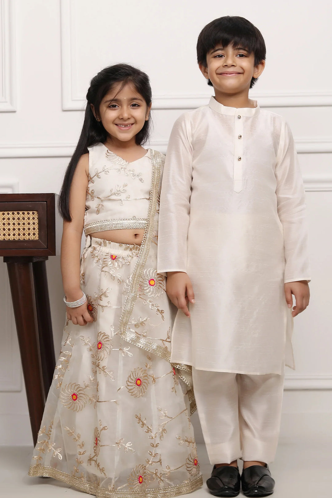 Sibling Style: Ivory Gota Patti Lehenga Choli with Matching Kurta Pyjama