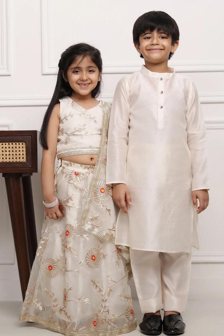 Sibling Style: Ivory Gota Patti Lehenga Choli with Matching Kurta Pyjama
