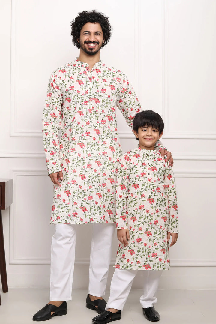 White Multi Floral Kurta With White Pyjama  Father & Son Twin Set