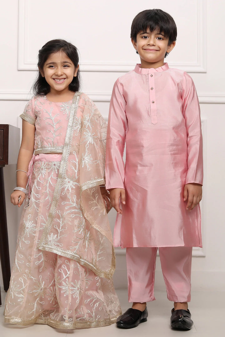Peach Gota Patti Lehenga Choli with Matching Kurta Pyjama Twin Set