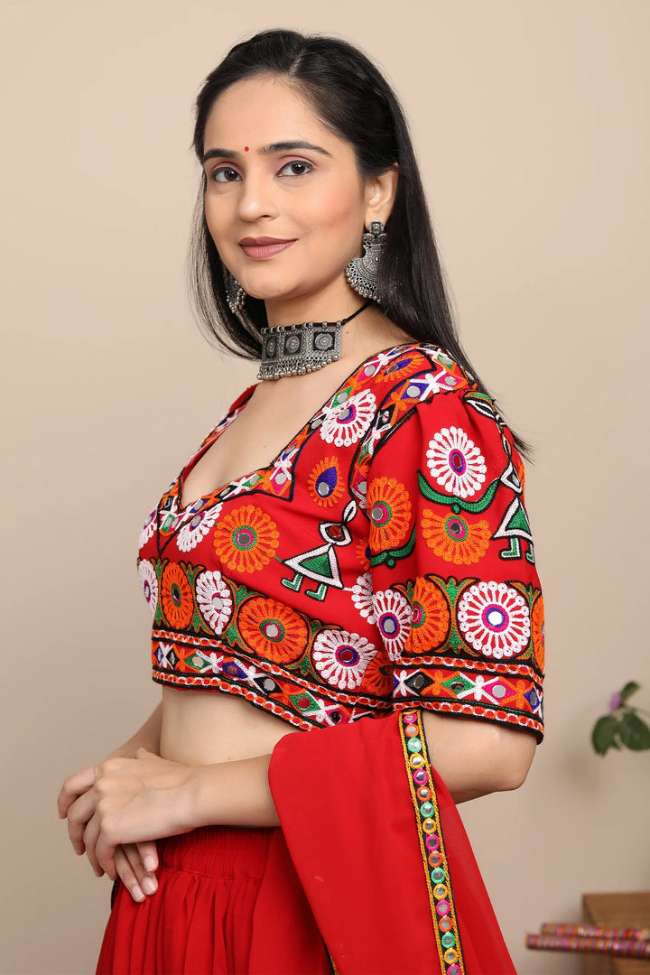 Exclusive Hand Embroidered Ethnic  Red Chaniya Choli Set with Matching Dupatta For Women