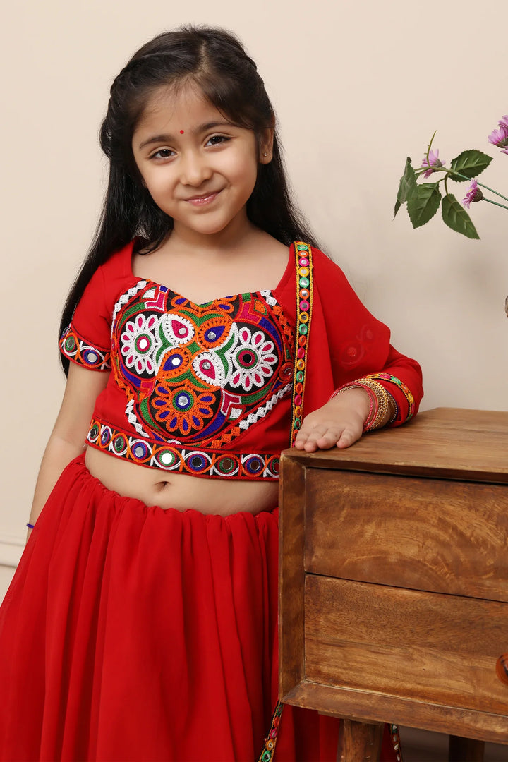 Exclusive Hand Embroidered Ethnic  Red Chaniya Choli Set with Matching Dupatta For Kid