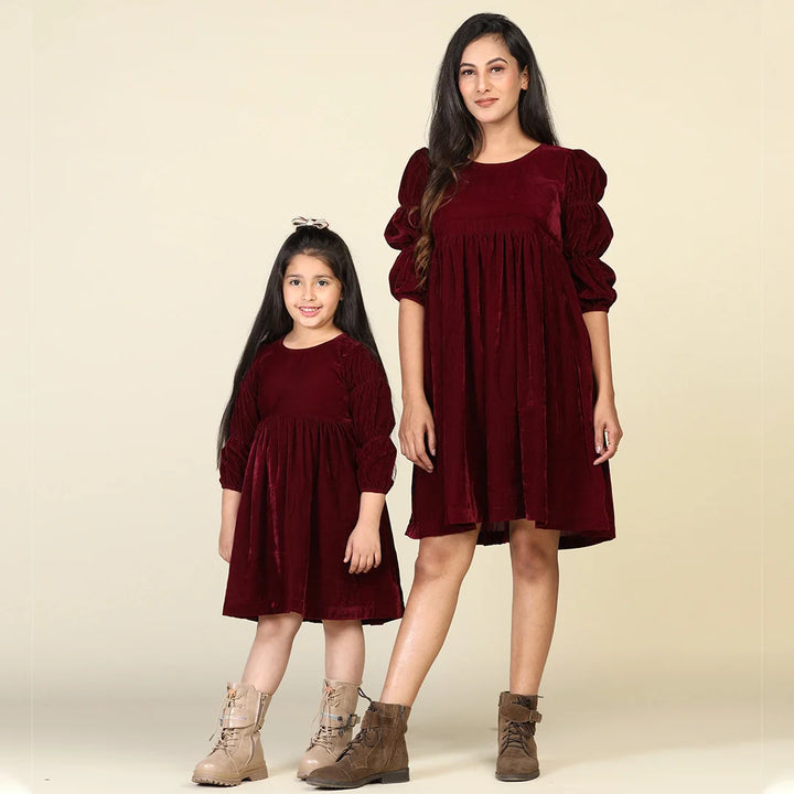 Mom & Daughter Duo: Stunning Maroon Velvet Samaira Dresses