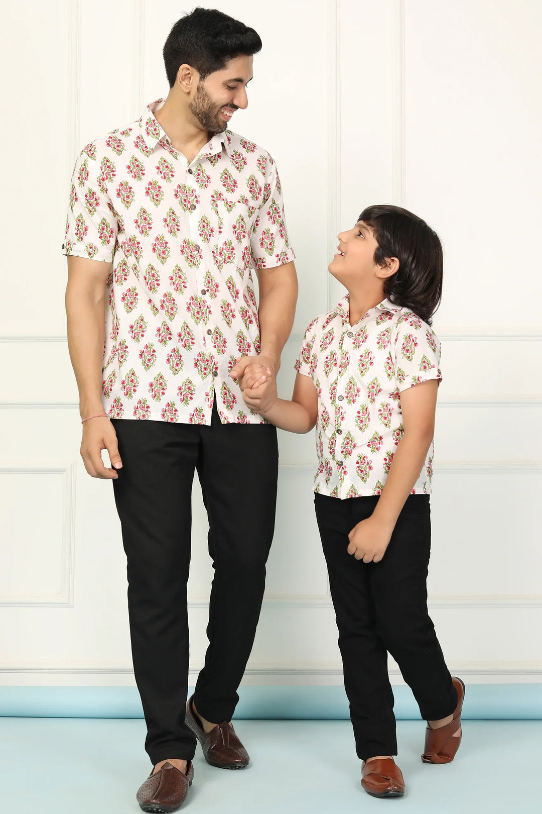 White and Red Block Printed Matching Shirt Father & Son Twin Set