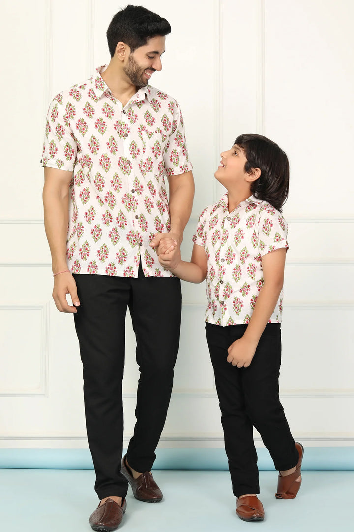 White and Red Block Printed Matching Shirt Father & Son Twin Set