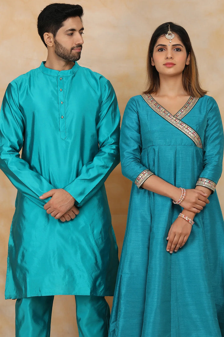 Exquisite Peacock Blue Ethnic Silk Gown with Matching Kurta Pyjama Couple Set