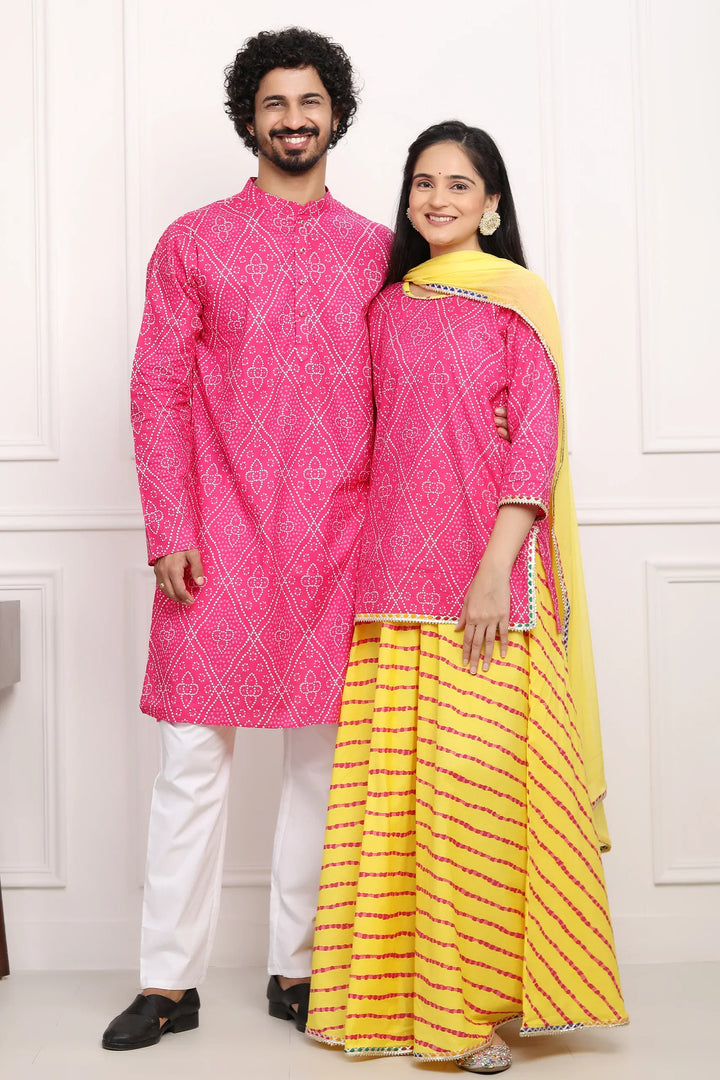 Fuchsia Jaipuri Kurta and Yellow Bandhani Lehenga Couple Set