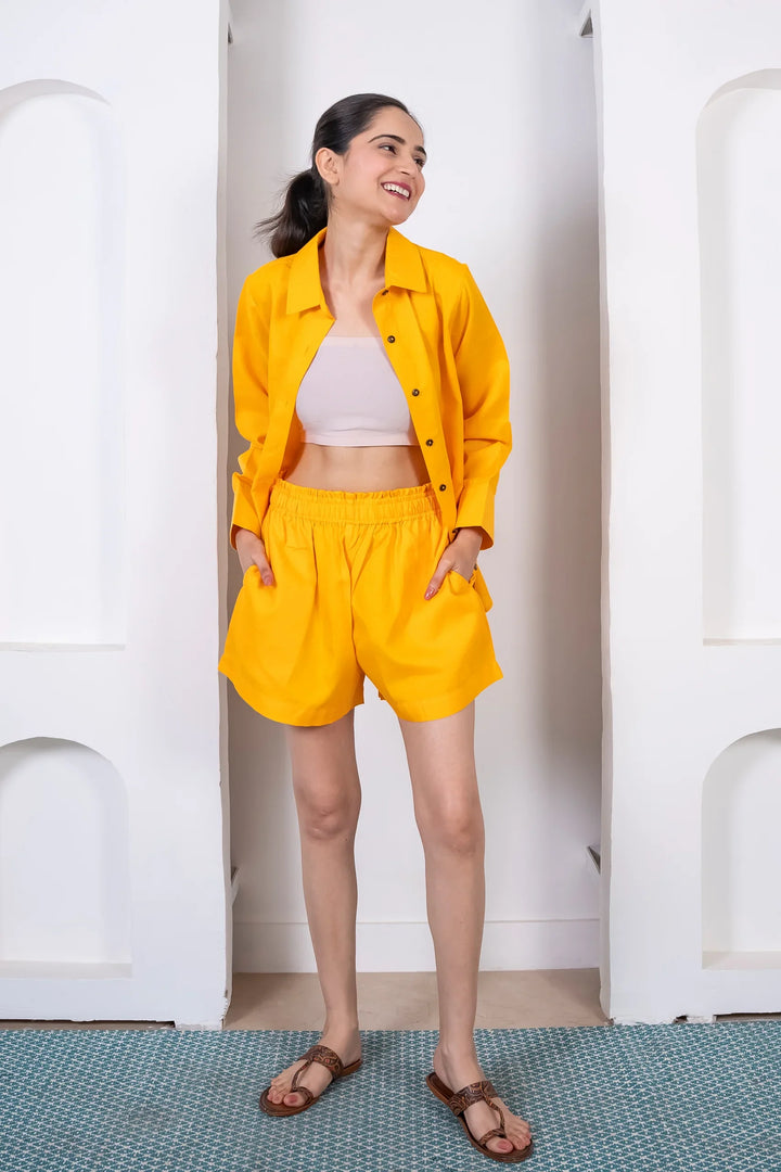 Mustard Cotton Shorts and Shirt Co-Ord Set for Women
