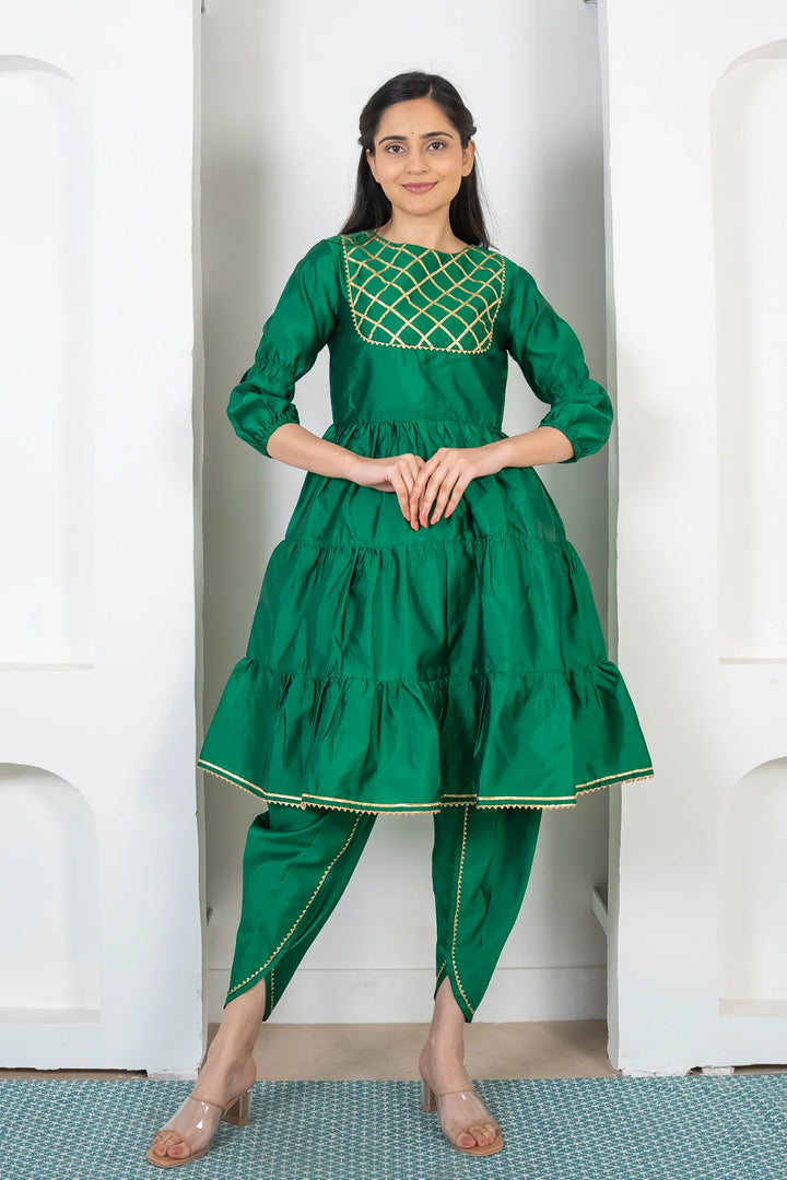 Green and Golden Tiered Kurta with Dhoti for Women