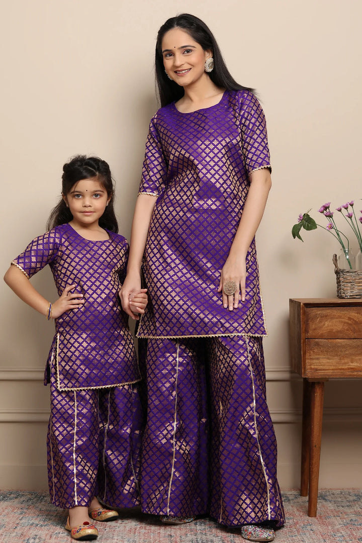 Elegant Purple Brocade Suits for Mom and Daughter