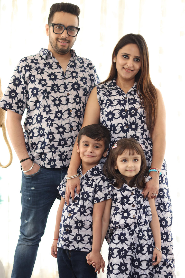 Navy Blue And White Printed Jumpsuit and Shirt Family Twin Set