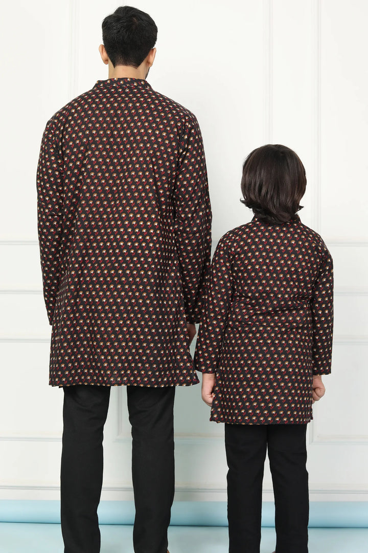 Black Printed Short Matching Kurta Father & Son Twin Set