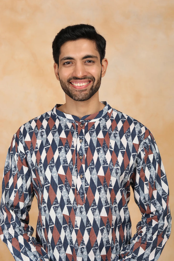 Navy  Blue & White Ikkat Printed Kurti with Matching Kurta Couple Twin Set