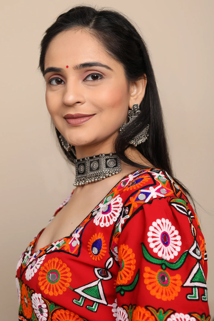 Exclusive Hand Embroidered Ethnic  Red Chaniya Choli Set with Matching Dupatta For Women