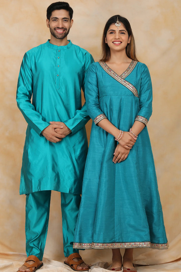 Exquisite Peacock Blue Ethnic Silk Gown with Matching Kurta Pyjama Couple Set