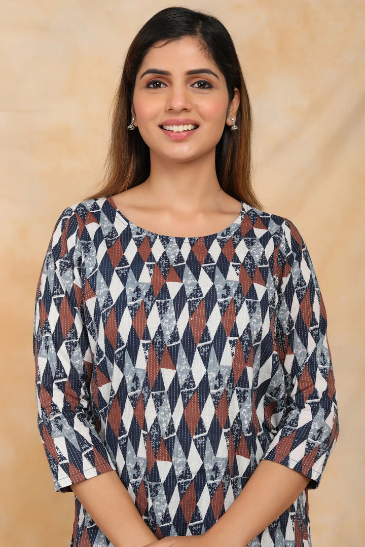 Navy  Blue & White Ikkat Printed Kurti with Matching Kurta Couple Twin Set